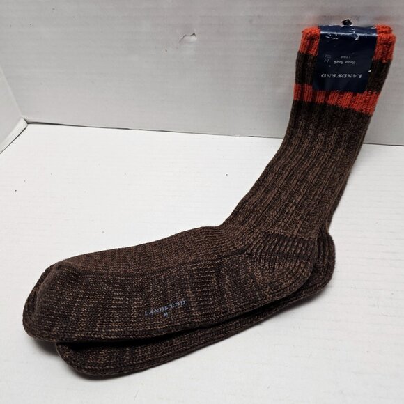 New Mens M 8-10 L 11-13 Brown Orange stripe Very Thick  Lands End Pair Boot Sock - Picture 1 of 11